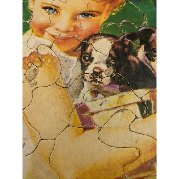 Vintage Jigsaw Puzzle Tray 11 1/2"x10" Girl Puppies S.P. Co 7343 - Picture 7 of 9